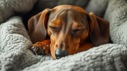 A dachshund puppy is sleeping cozily under a grey blanket, making it an excellent image for content related to pets, relaxation, or comfort, The close-up shot captures the warmth and serenity