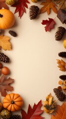 A frame featuring autumn leaves, pumpkins, cones, and additional leaves on a beige background.
