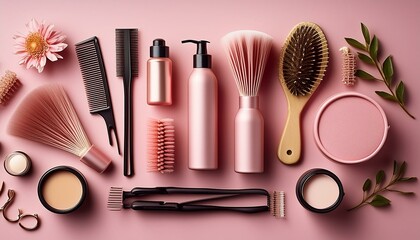 Elegant flat lay of hair care essentials and beauty accessories arranged on pink background