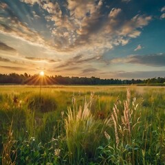 Beautiful summer colorful rustic pastoral landscape panorama. Tall flowering grass on green meadow at sunrise or sunset with beautiful announcement against blue sky
