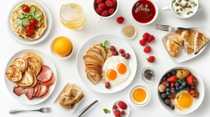 Assorted Breakfast Foods with Berries, Eggs, and Pastries