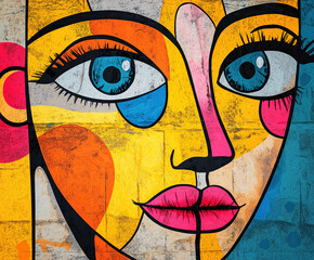 Abstract Colorful Graffiti Art Of A Woman's Face Based On Doodle Art, Surreal Graffiti Wall ArtWith Vibrant Colors