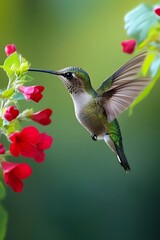 Fototapeta premium Bee Hummingbird Sucking Nectar from Flower, Realistic Photo, Pattern Background, Wallpaper, Cover and Screen for Smartphone, Cell Phone, Computer, Laptop, 9:16 and 16:9 Format