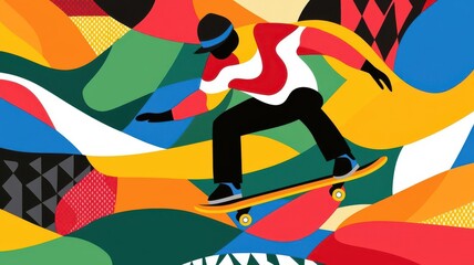 Dynamic skateboarder performing tricks against a vibrant abstract background, showcasing energy and creativity in action.