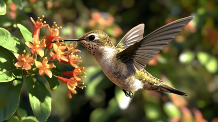 Bee Hummingbird Sucking Nectar from Flower, Realistic Photo, Pattern Background, Wallpaper, Cover and Screen for Smartphone, Cell Phone, Computer, Laptop, 9:16 and 16:9 Format
