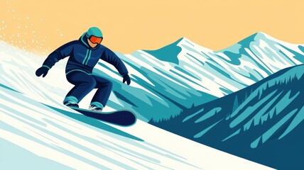 A vibrant illustration of a snowboarder gliding down a snowy mountain, showcasing the thrill of winter sports in a stunning landscape.