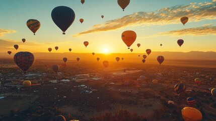 Obraz premium A sky full of hot air balloons with the sun setting in the background