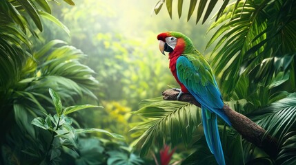A colorful parrot is perched on a branch in a lush green jungle