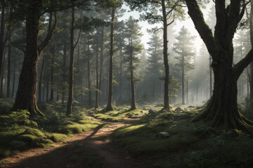 Chemin au milieu d'une grande foret