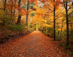 Obraz premium Enchanting Autumn Forest Pathway Carpeted with Vibrant Fall Foliage