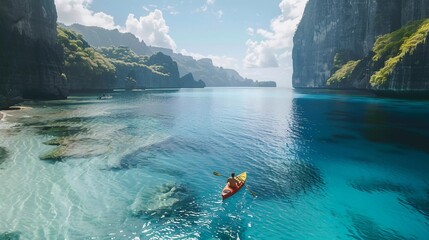 a tourist playing kano boat in the beautiful beach view