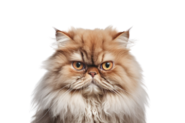 Close-up photo of a fluffy Persian cat, isolated on white background.
