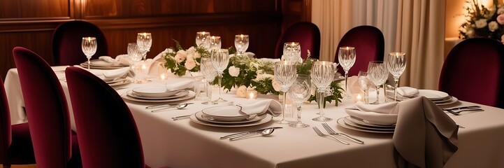 Fototapeta premium Dining table in the luxury restaurant. water, knife, spoon and fork, cutlery, ready to welcome customers.