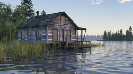 Obraz premium Old cabin on a lake at sunrise.