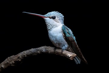 Fototapeta premium Bee Hummingbird Bird Perched on a Branch on a Black Background, Realistic Photo, Standard Background, Wallpaper, Cover and Screen for Smartphone, Cell Phone, Computer, Laptop, 9:16 and 16:9 Format