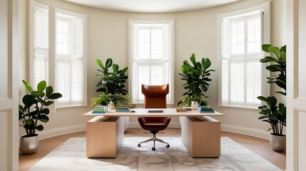 There is a desk with a chair and a plant in the corner, photorealistic room.