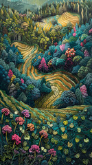 Fototapeta premium Vibrant landscape featuring colorful trees and terraced fields, evoking sense of tranquility and harmony with nature.