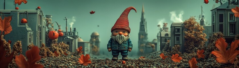 Naklejka premium Halloween night with a boho gnome in a mystical autumn setting