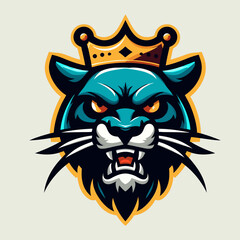 Blue Panther King with Crown Vector Illustration - Fierce Animal Mascot Logo Design , Royal Panther with Crown Graphic - Aggressive Blue Cat Emblem for Sports and Esports