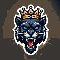 Blue Panther King with Crown Vector Illustration - Fierce Animal Mascot Logo Design , Royal Panther with Crown Graphic - Aggressive Blue Cat Emblem for Sports and Esports