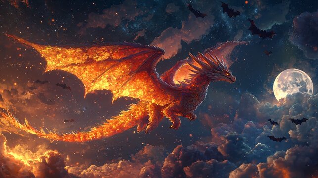 Enchanting Halloween Dragon with Candy Corn Tail Flying Across Spooky Night Sky Filled with Bats and Full Moons