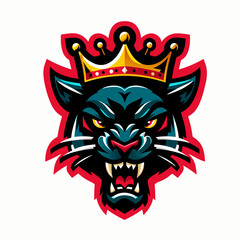 Blue Panther King with Crown Vector Illustration - Fierce Animal Mascot Logo Design , Royal Panther with Crown Graphic - Aggressive Blue Cat Emblem for Sports and Esports