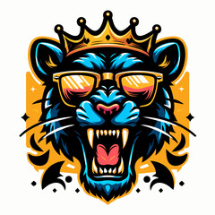 Blue Panther King with Crown Vector Illustration - Fierce Animal Mascot Logo Design , Royal Panther with Crown Graphic - Aggressive Blue Cat Emblem for Sports and Esports