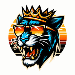 Blue Panther King with Crown Vector Illustration - Fierce Animal Mascot Logo Design , Royal Panther with Crown Graphic - Aggressive Blue Cat Emblem for Sports and Esports