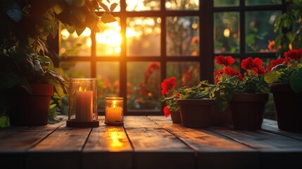 A tranquil setting with candles by a wooden window during sunset, invoking warmth and comfort