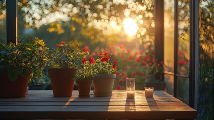Candles by a wooden window in a tranquil setting during sunset, invoking warmth and comfort
