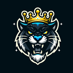 Blue Panther King with Crown Vector Illustration - Fierce Animal Mascot Logo Design , Royal Panther with Crown Graphic - Aggressive Blue Cat Emblem for Sports and Esports