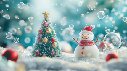 Fototapeta premium Festive Snowman and Decorated Christmas Tree in a Winter Wonderland Scene