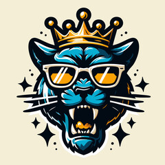 Blue Panther King with Crown Vector Illustration - Fierce Animal Mascot Logo Design , Royal Panther with Crown Graphic - Aggressive Blue Cat Emblem for Sports and Esports