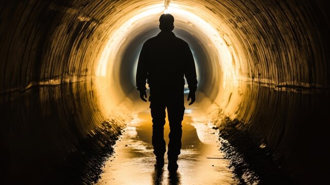 Silhouette of man walking in dark tunnel with light at the end
