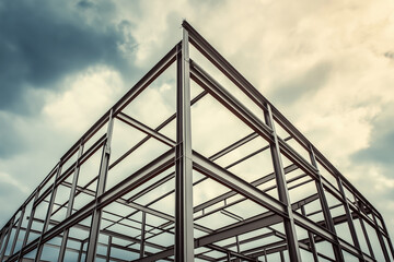 Structural Steel Framework Under Cloudy Sky Architectural Engineering and Construction Concept