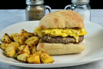 scramble egg and sausage patty breakfast sandwich,