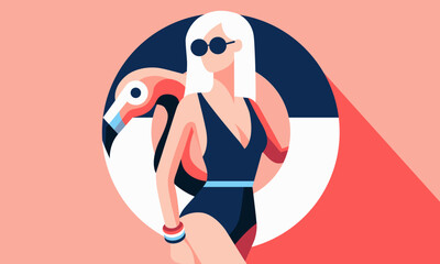 The concept of a summer party, vacation and travel. Vector illustration in a minimalistic style. A beautiful woman with a circle and a flamingo. A flat illustration.