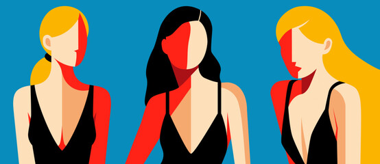 A set of female portraits in the minimalist style. Vector illustration in the minimalist style. Silhouettes of beautiful women. A flat illustration.