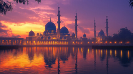 Obraz premium Stunning Sunset Over Serene Mosque Reflecting in Tranquil Waters