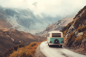 Vintage van travels down misty mountain road