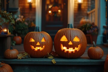 Halloween pumpkins on a fuzzy background of an American porch with glowing faces