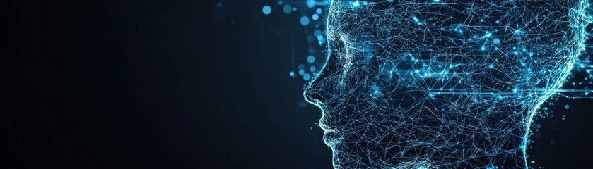 Naklejka premium Futuristic digital face composed of glowing lines and particles on a dark background, representing technology and innovation.