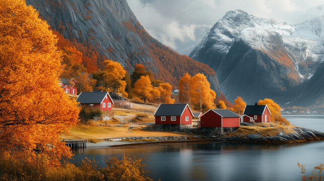 Urokliwa wioska skandynawska z czerwonymi chatkami wzdłuż spokojnego fiordu, otoczona majestatycznymi, zaśnieżonymi g&oacute;rami i intensywnymi jesiennymi barwami.