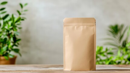 Brown paper pouch standing on a rustic table, cozy natural light ambiance, subtle green plants in the background
