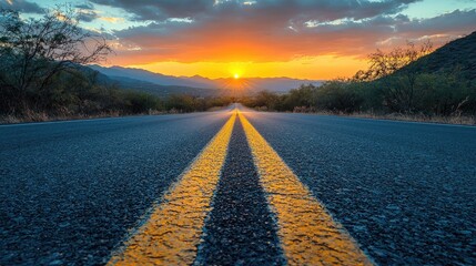 Open road stretching into the distance with a vibrant orange sunset over the mountains