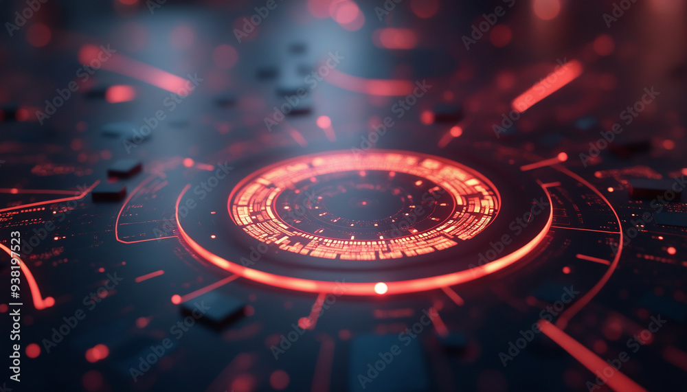 Wall mural a futuristic technology background features a glowing red circle, surrounded by a blurred interface 