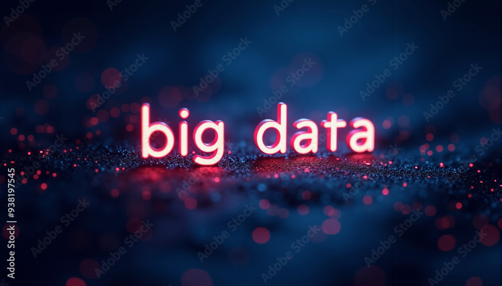 Poster big data in red letters on a dark blue background with red dots, creating a bold tech-inspired image