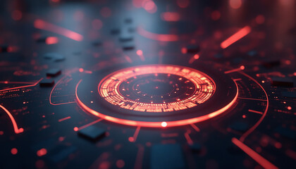 A futuristic technology background features a glowing red circle, surrounded by a blurred interface and black backdrop.