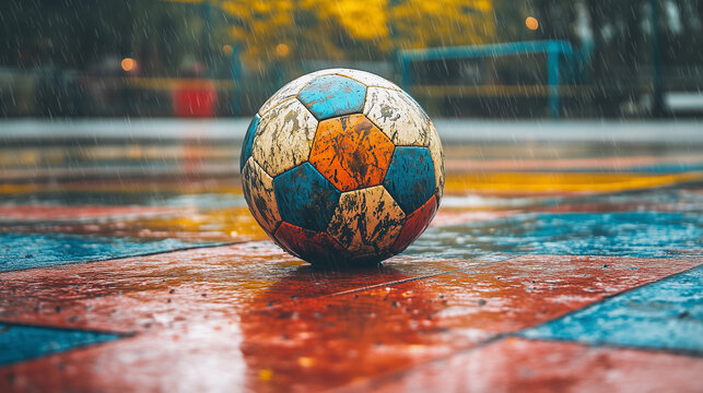 Kolorowa, zużyta piłka znajduje się na mokrym, wielokolorowym boisku, przywołując poczucie nostalgii i trwałego uroku sport&oacute;w.