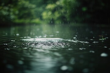 Tranquil raindrops rippling on serene pond